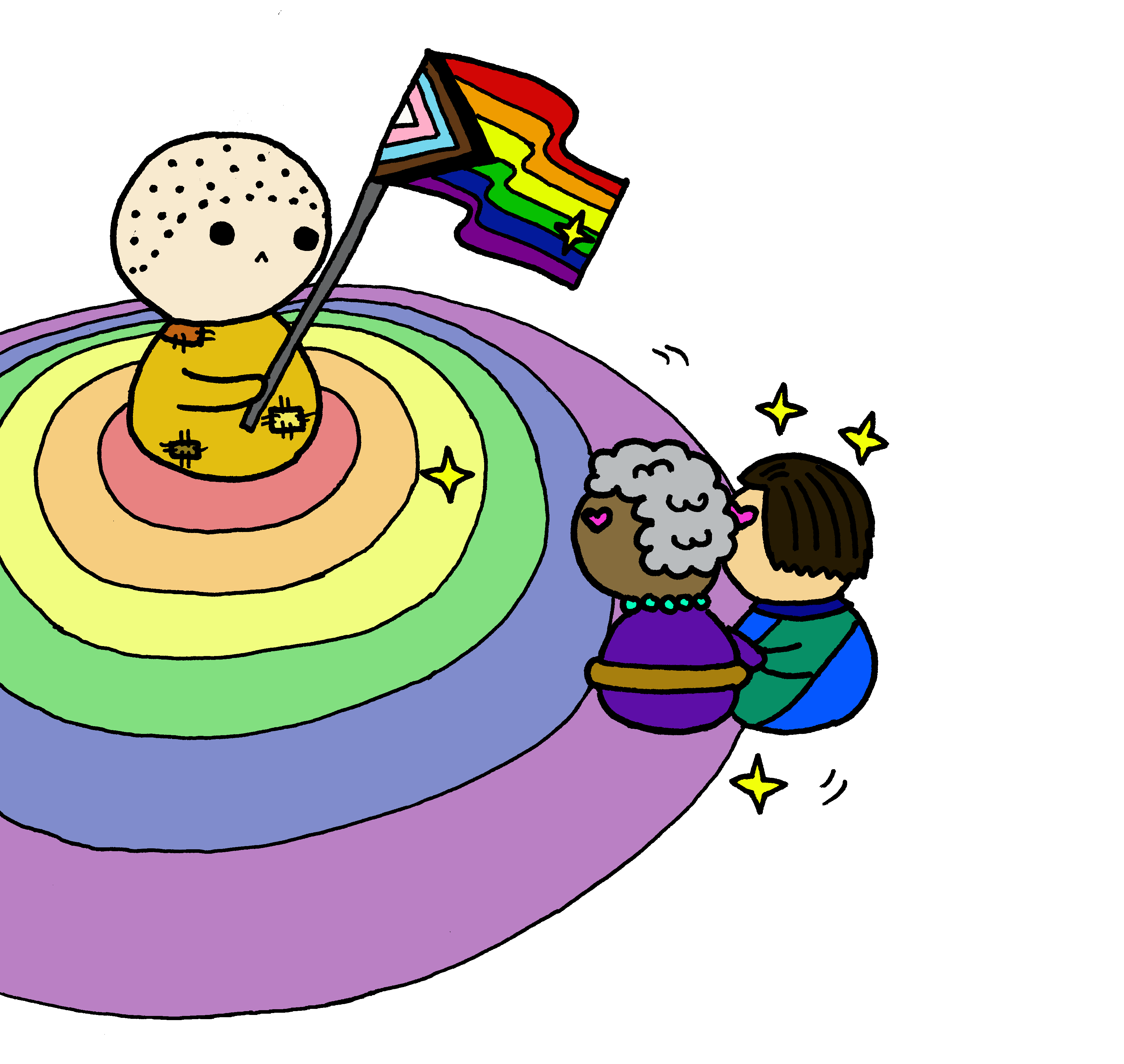 monastic with rainbow flag and happy couple