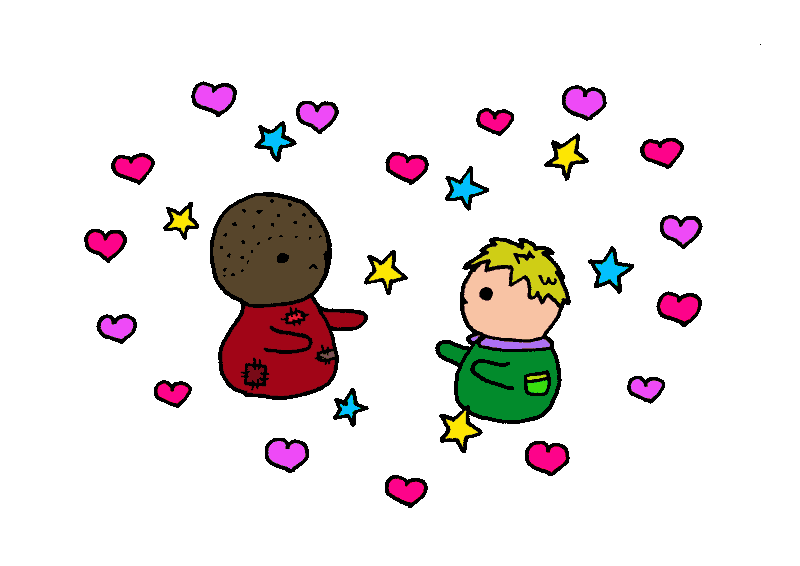 two people reaching for each other surrounded by stars and hearts