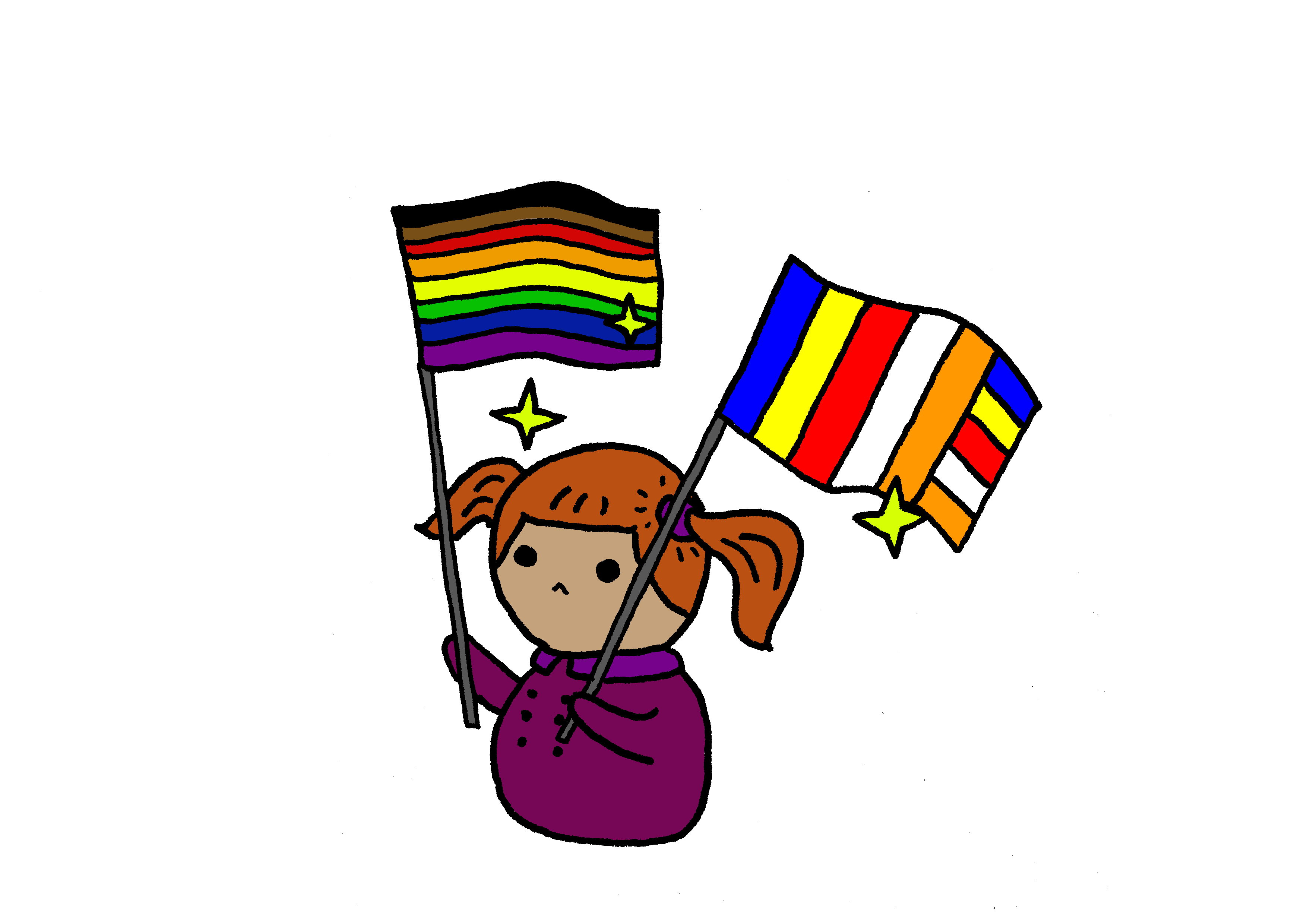 person waving buddhist and rainbow flags